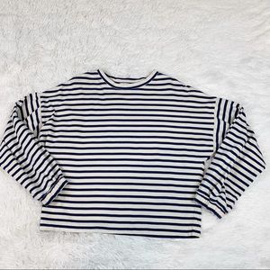Parker striped boxy fit shirt top dropped shoulder crew neck elastic cuff